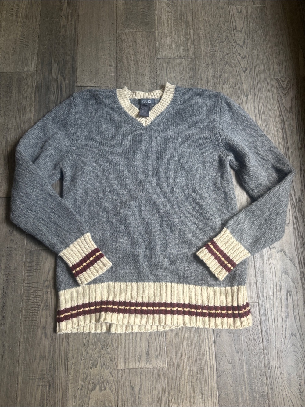 Roots |Gray Lambswool Blend V-Neck Sweater Cream Trim and Burgundy Stripes Large